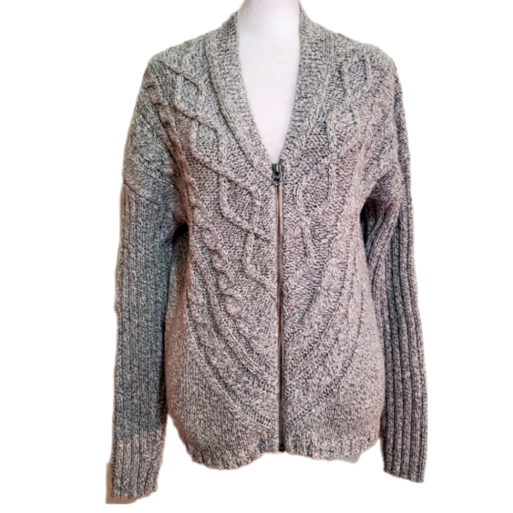 Woolrich gray heather wool blend zip front cable knit cardigan sweater jacket M